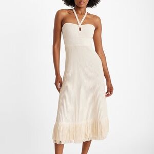 Express Ribbed Halter Sleeveless Fringe Midi Sweater Dress in Swan 121